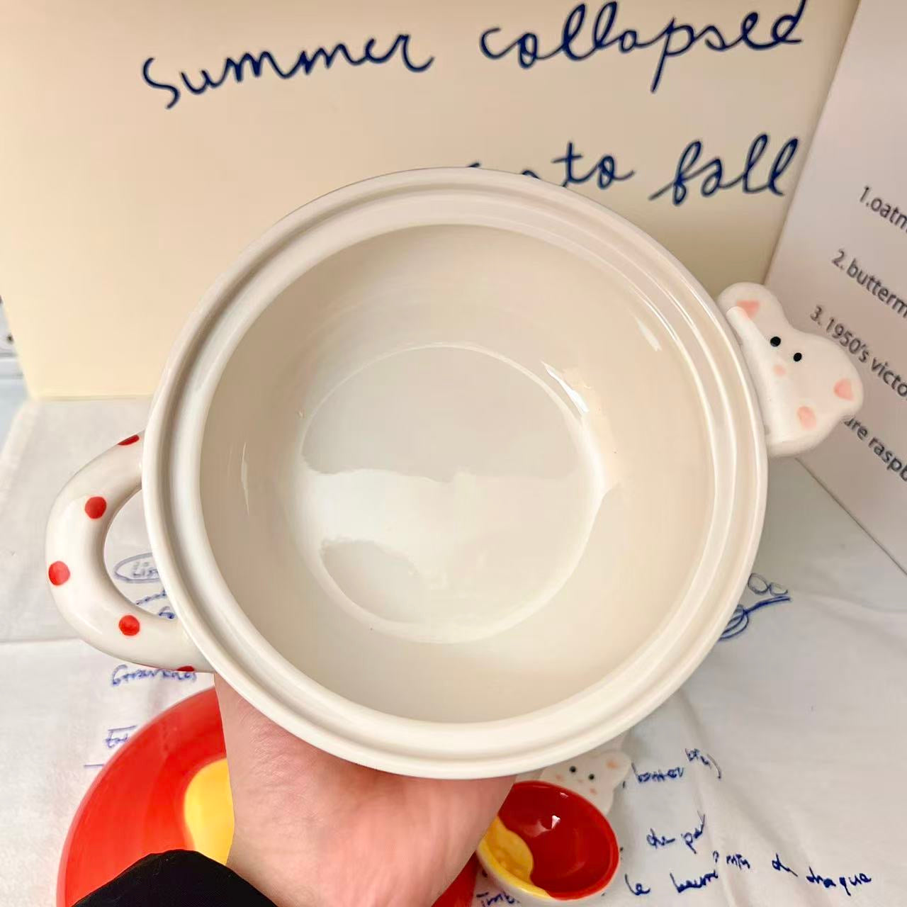 Tomato Bunny Ceramic Ramen Bowl with Lid and Spoon, 500ML