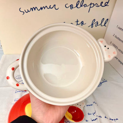 Tomato Bunny Ceramic Ramen Bowl with Lid and Spoon, 500ML