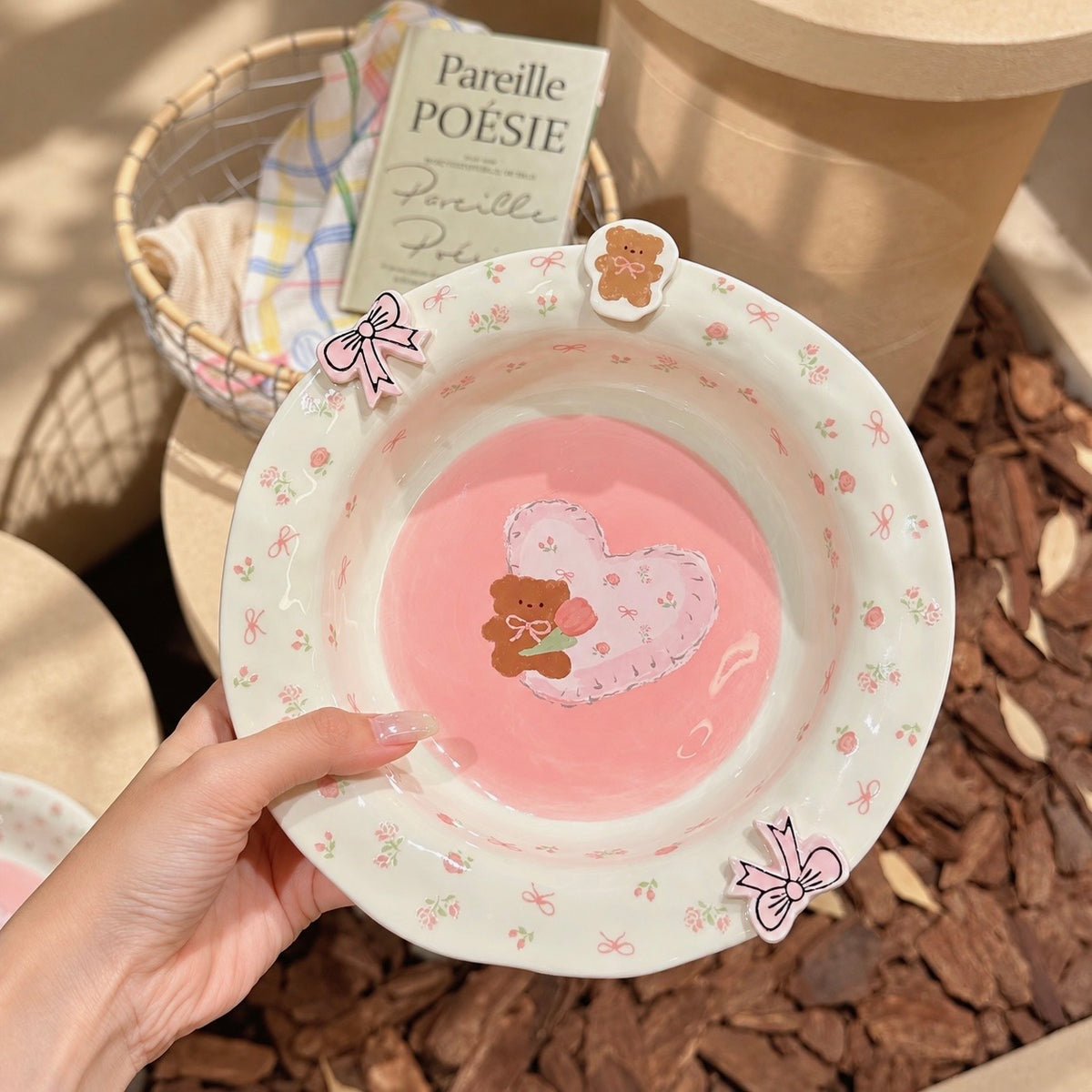 Floral Heart Bear Ceramic Deep Plate – 8-Inch