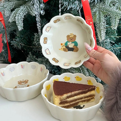 Adorable Bear Pattern Ceramic Salad Bowl | Lace-Like Design, Underglaze Technique