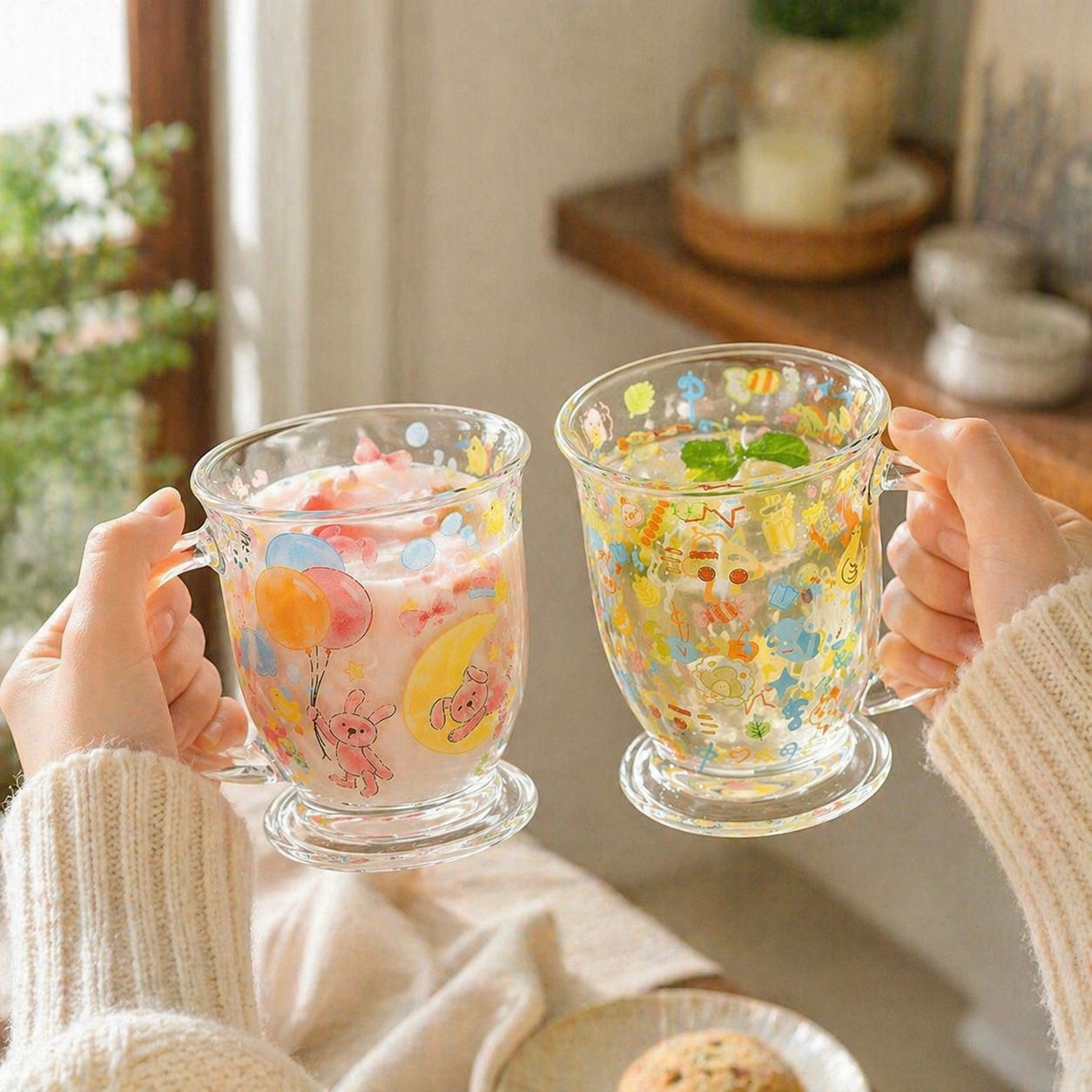 Doodle & Balloon Bunny Glass Mug with Handle – 460ML