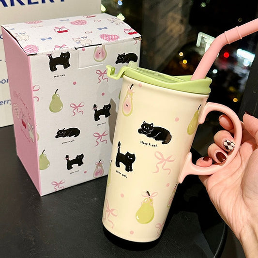 Black Cat Ceramic Cup with Lid & Straw – 520ML