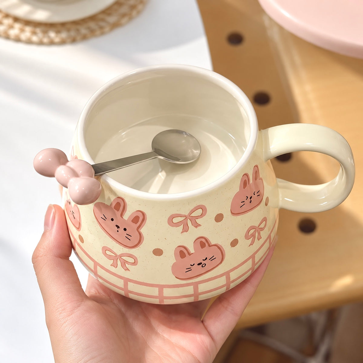 Pink Bunny Ceramic Mug with Lid & Spoon – 400ML