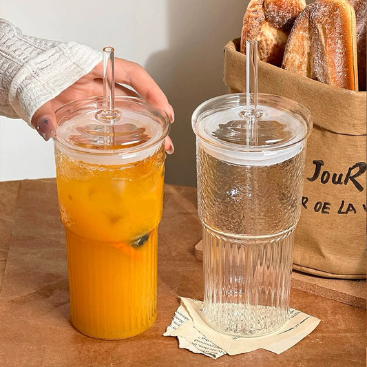 Hammered Texture Glass Cup with Straw, 600ML Capacity