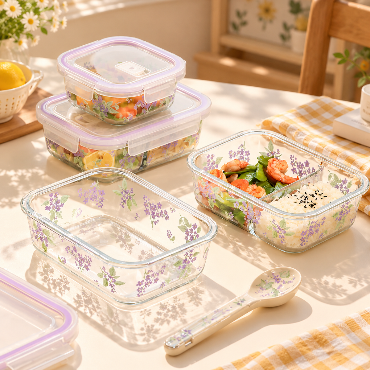 Purple Floral Glass Food Storage Container with Lid – 500ML / 850ML