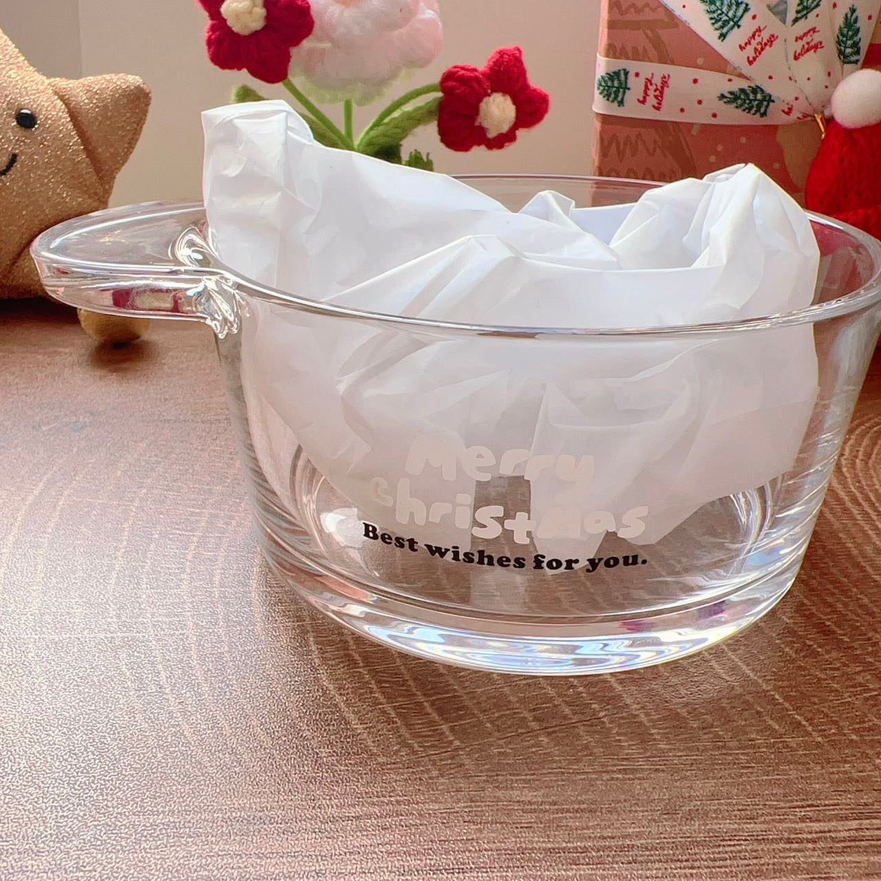 Christmas snowman glass yogurt bowl with festive design and Best wishes message, 400ML