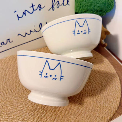 Hand-Painted Cat Ceramic Footed Noodle Bowl - 800ML