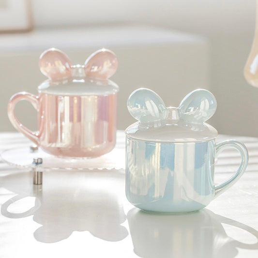 Pearl Glaze Bow Ceramic Mug with Lid | 380ml Fairy-Inspired Mug