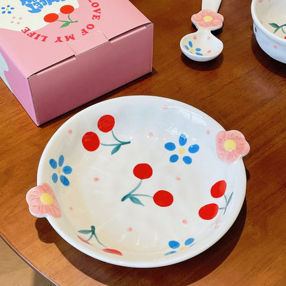 Cherry Blossom Hand-Painted Dinnerware Set | Cute Floral Design with Handles | Microwave & Dishwasher Safe