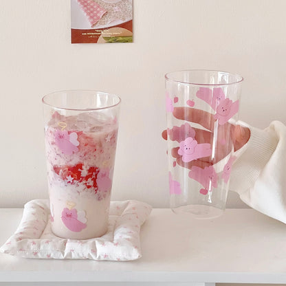Pink Pig & Bunny Tall Glass Cup – 450ML Capacity