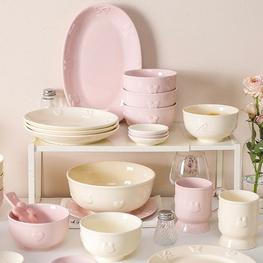 Embossed Bunny Ceramic Dinnerware Set | Pastel Pink & Cream White Tableware