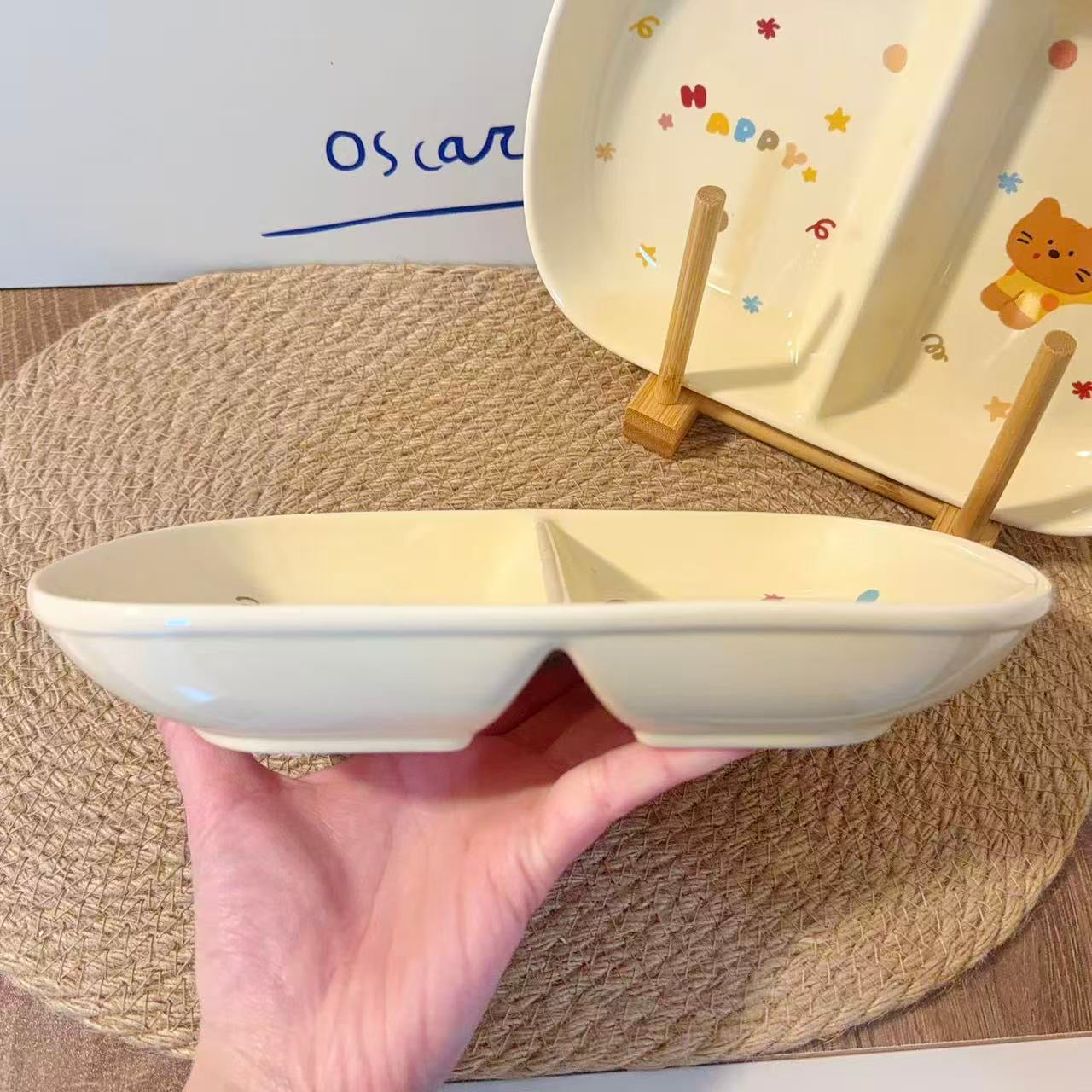 Cute Cat & Dog Ceramic Divided Breakfast Plate, 9.4-Inch