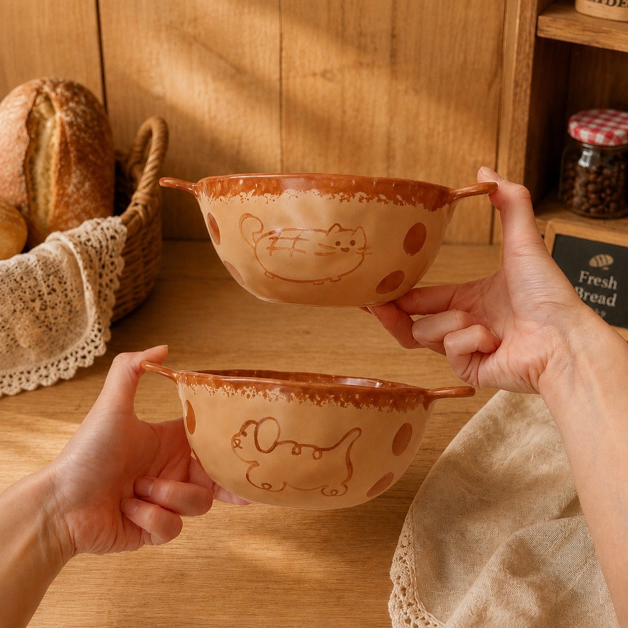 Hand-Painted Caramel Cat Ceramic Bowl with Handles, 500ML