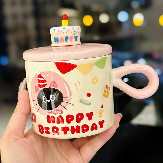 Birthday Cake Cat Ceramic Mug – 350ml with Lid – Perfect Birthday Gift