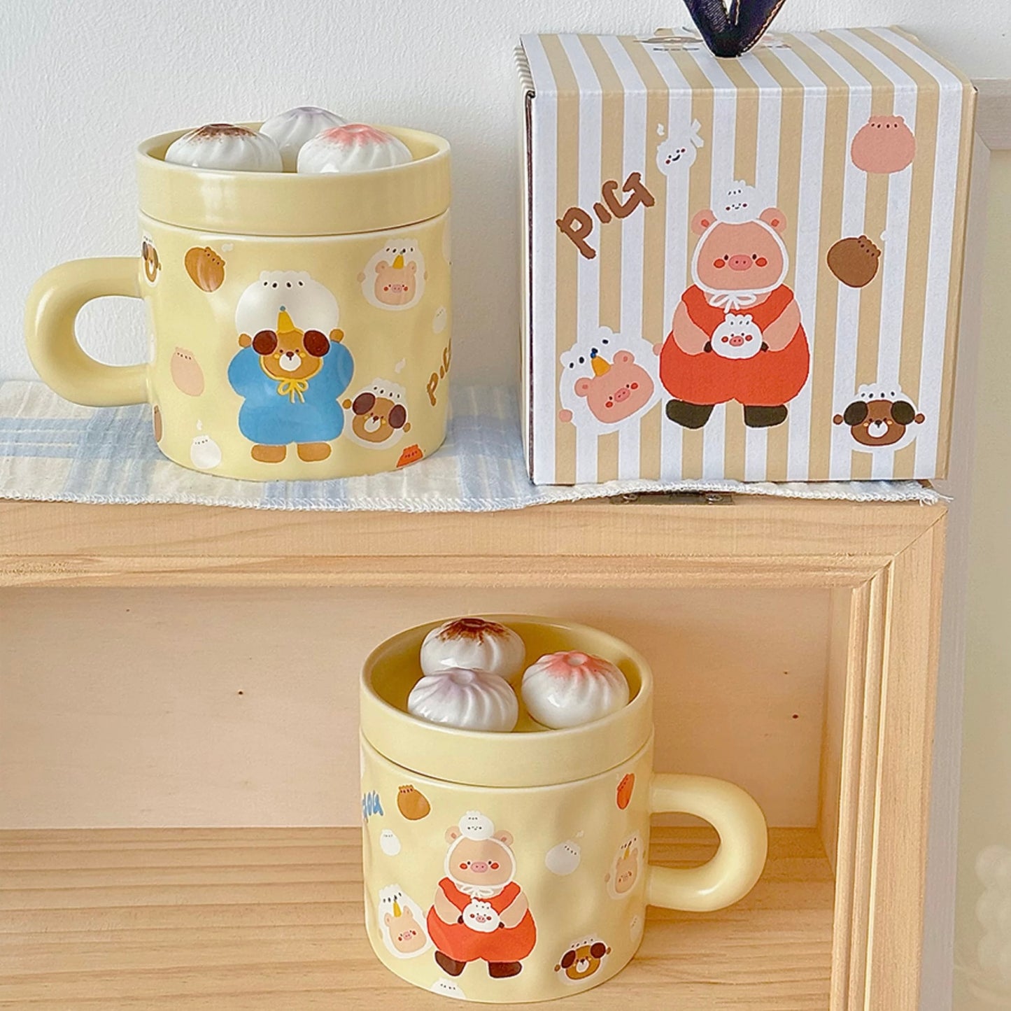 Cute Piggy Ceramic Coffee Mug with Soup Dumpling Lid – 300ML Capacity