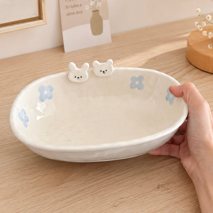 Hand-Painted Flower Bunny Ceramic Oval Bowl – 700ML