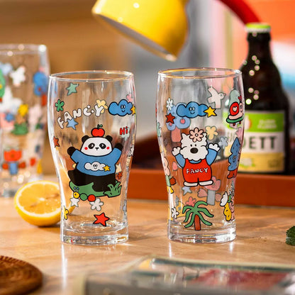 Fancy dog and panda glass beer cups with colorful cartoon design, 600ML capacity