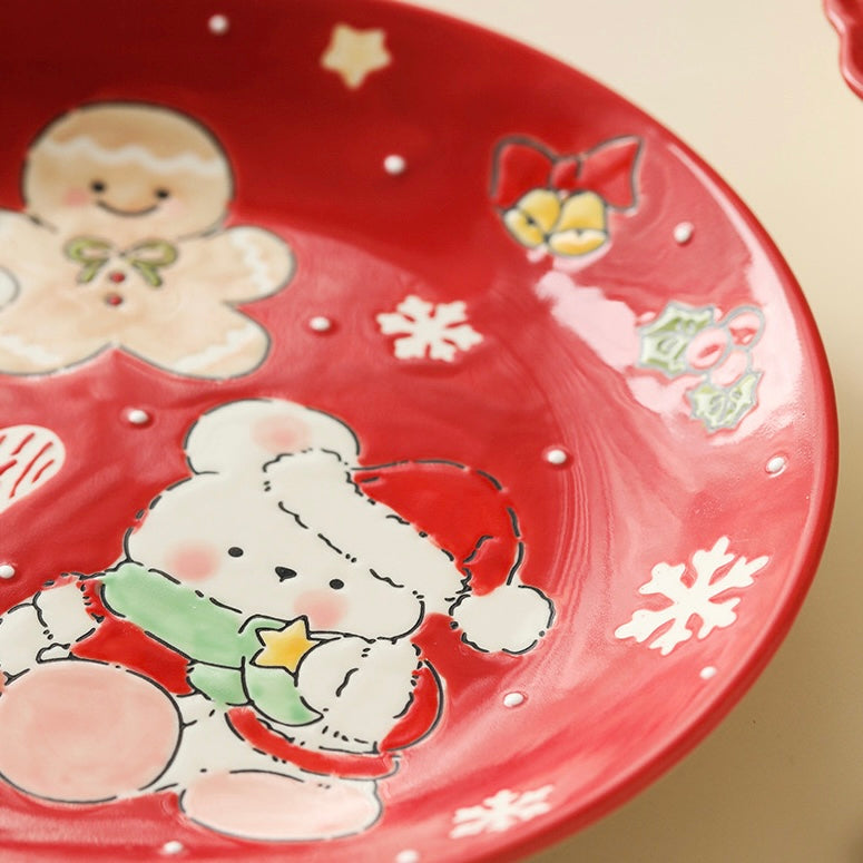 Hand-painted Christmas ceramic plate with snowman in navy blue, 21CM diameter