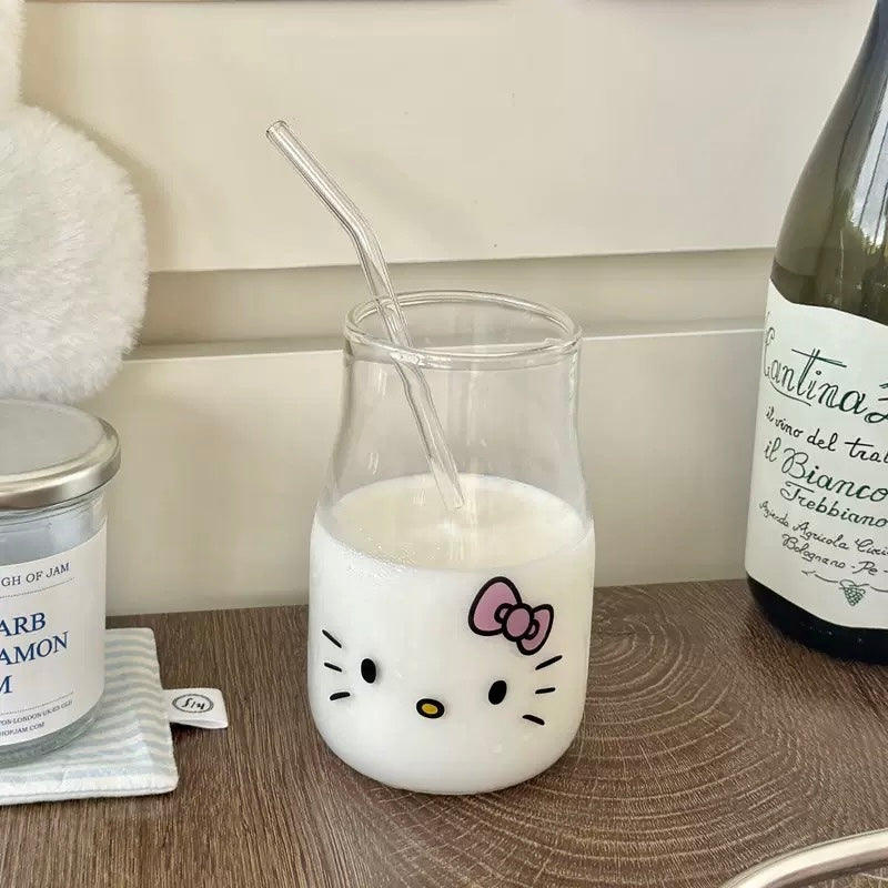 Cute Kitty Glass Pitcher with Straw, 450ML