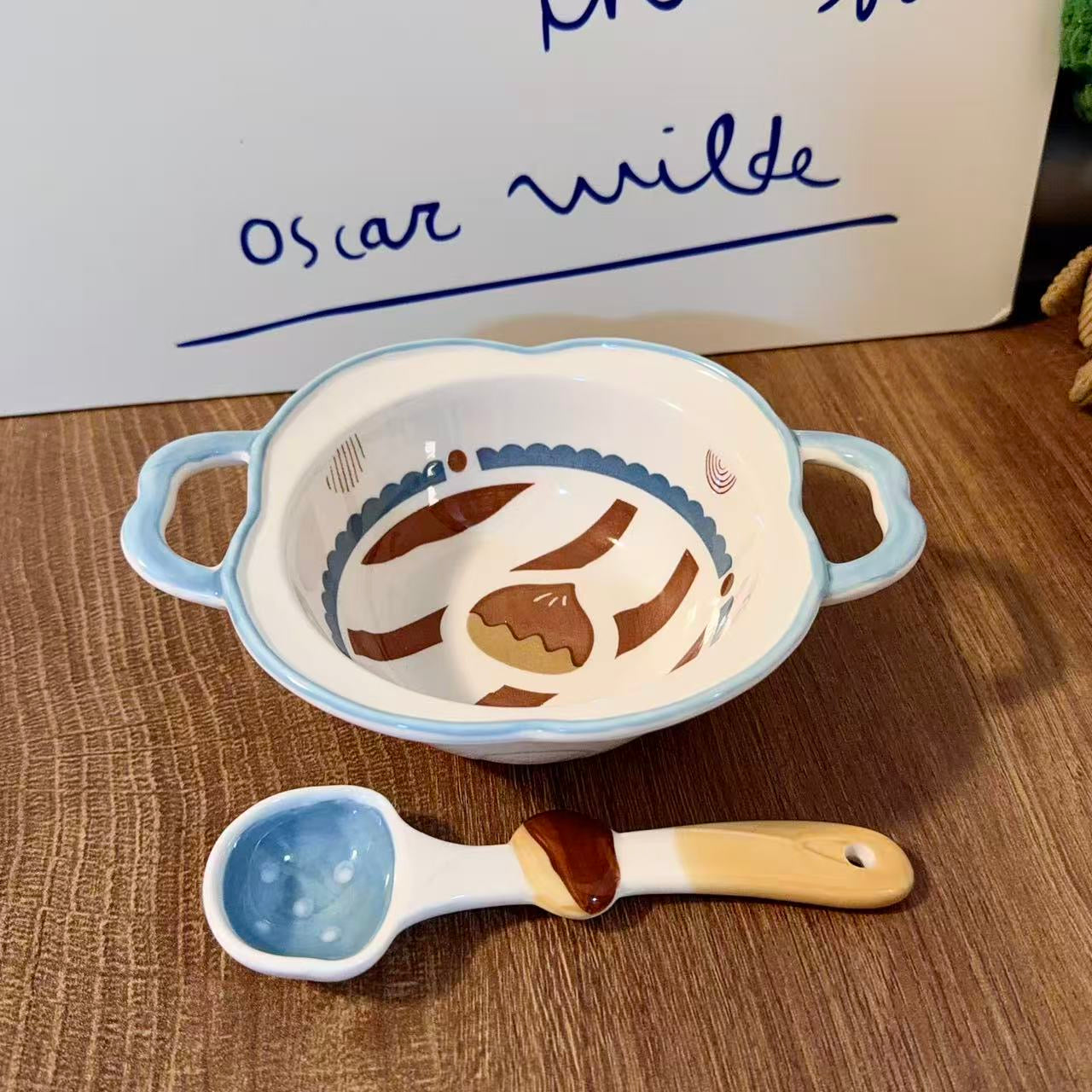 Cute Chestnut Ceramic Bowl with Handles & Spoon Set - 350ML