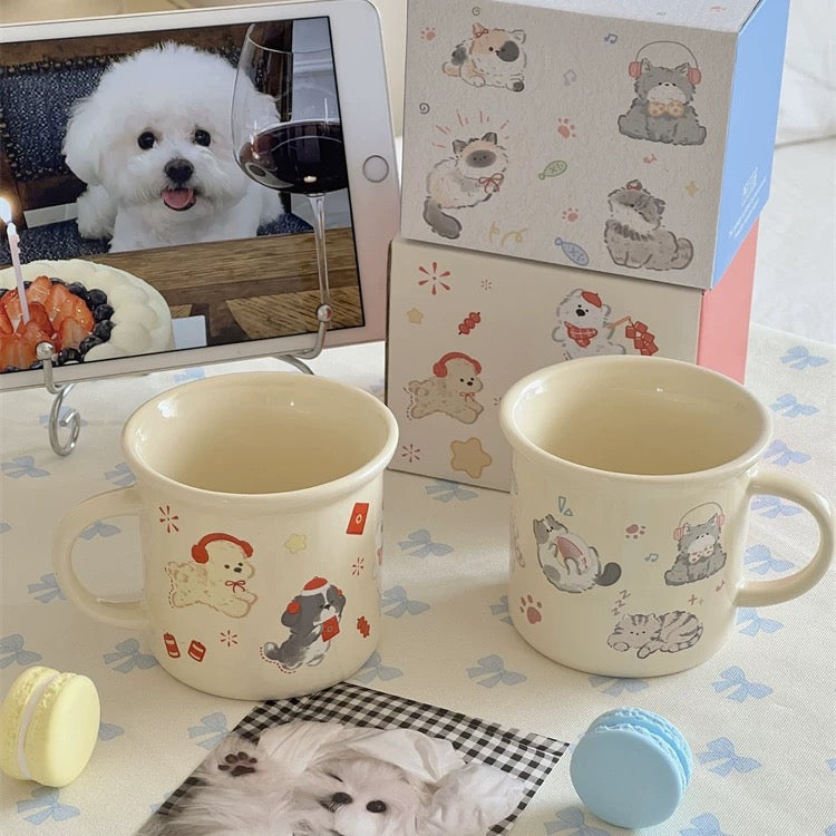 Creamy Cat & Dog Ceramic Mini Mug - 270ML