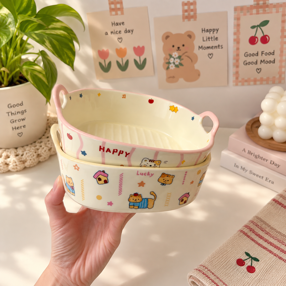 Lucky Cat Ceramic Baking Dish with Handles – Oven & Air Fryer Safe