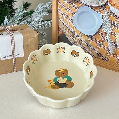 Adorable Bear Pattern Ceramic Salad Bowl | Lace-Like Design, Underglaze Technique