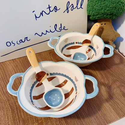 Cute Chestnut Ceramic Bowl with Handles & Spoon Set - 350ML