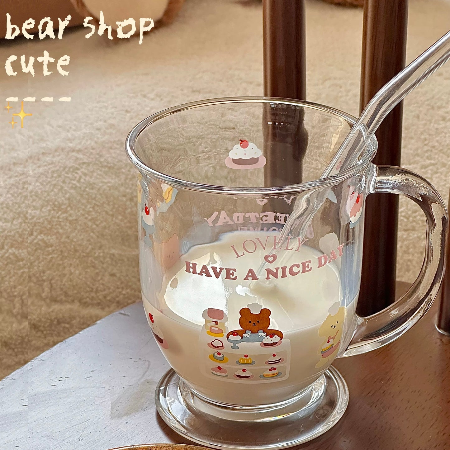 Cute Dessert House Glass Mug with Handle, 450ML Capacity