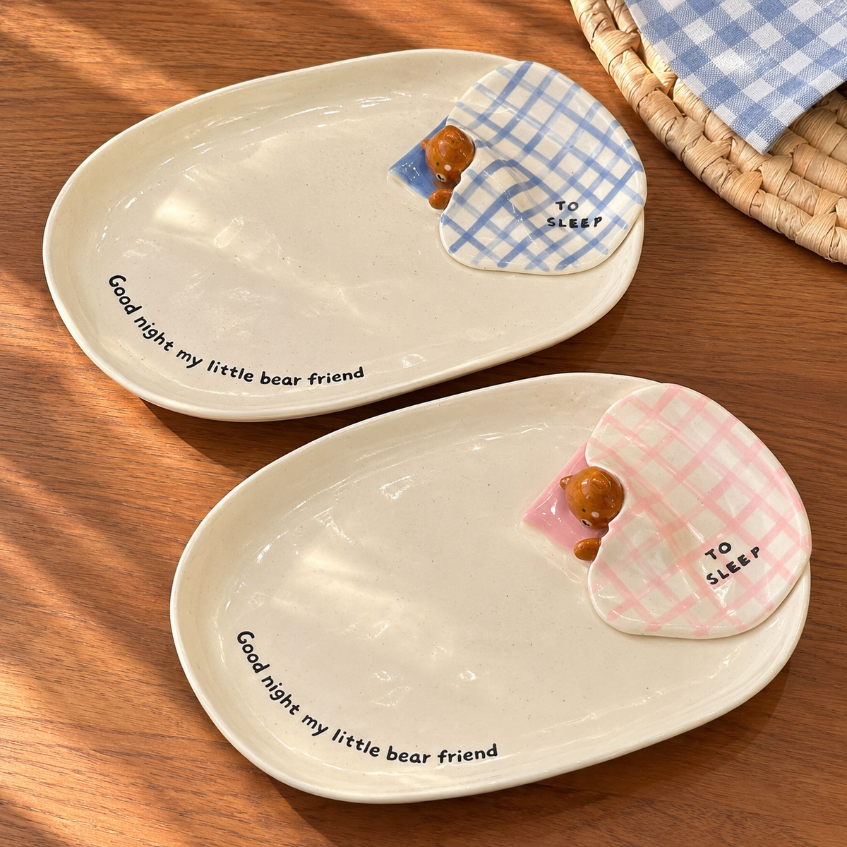 Goodnight Bear Hand-Painted Ceramic Oval Plate, 9.6-Inch