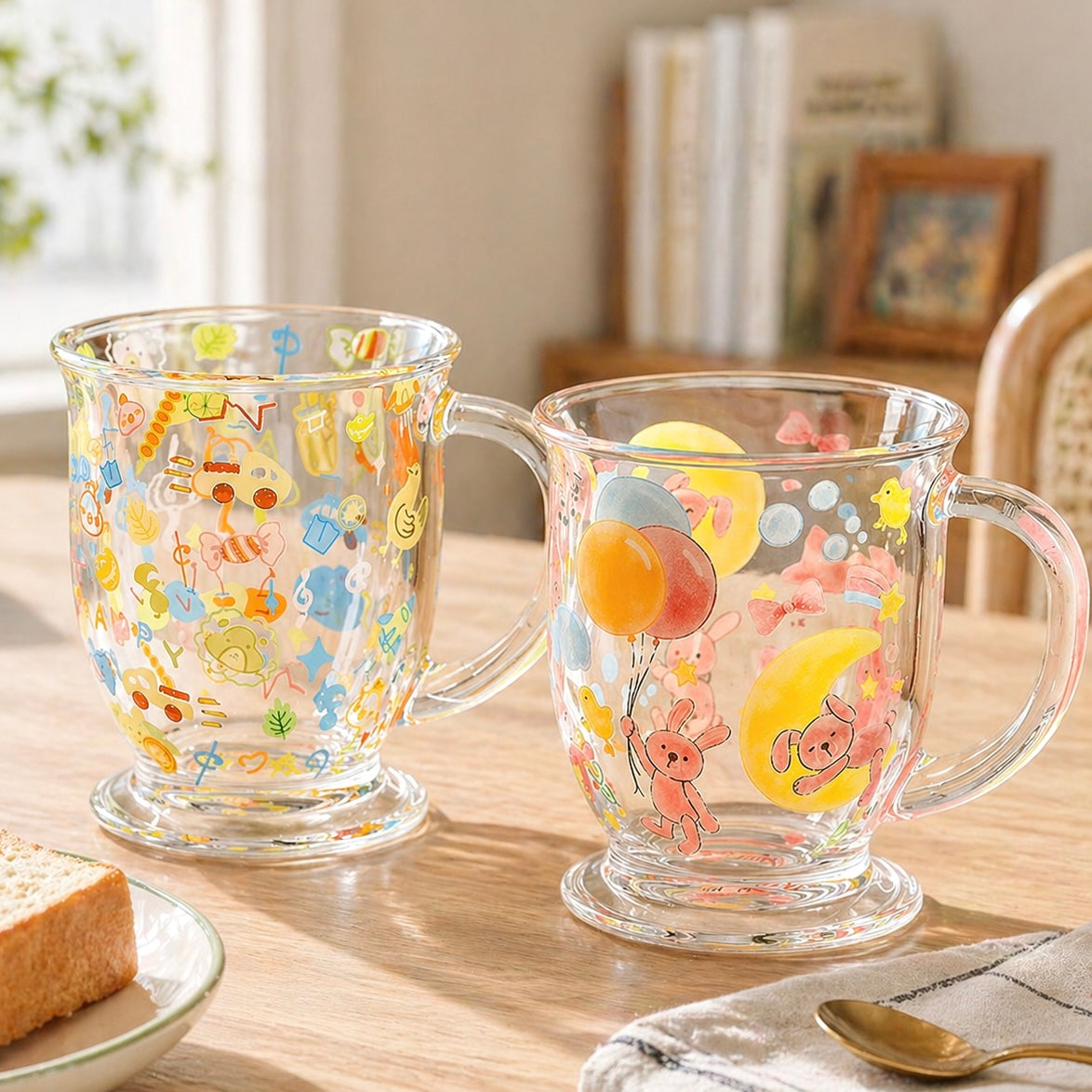 Doodle & Balloon Bunny Glass Mug with Handle – 460ML