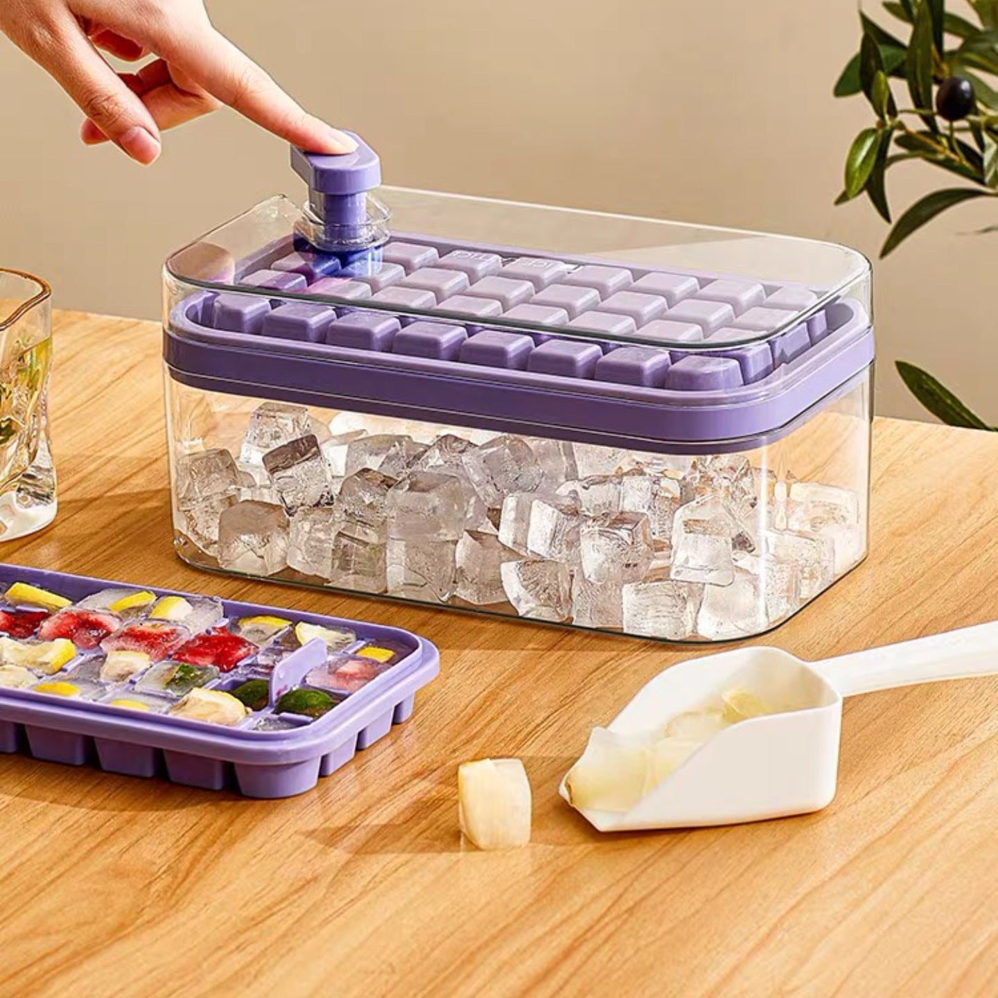 Push-Button Ice Cube Maker – Double-Layer Design with 64 Compartments | Includes Ice Scoop