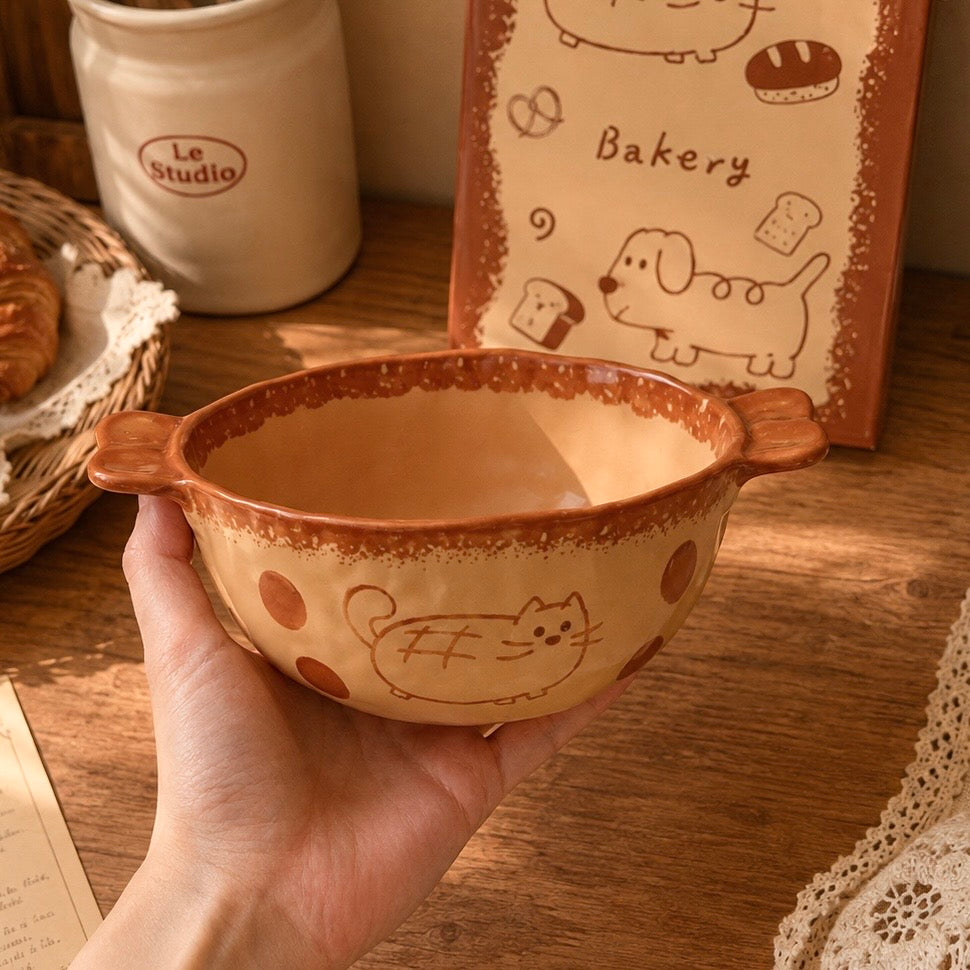 Hand-Painted Caramel Cat Ceramic Bowl with Handles, 500ML