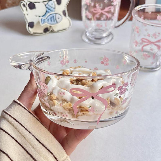 Glass Yogurt Bowl with Handle - Charming Design with Pink Flowers and Bows, Ideal for Yogurt and Salads