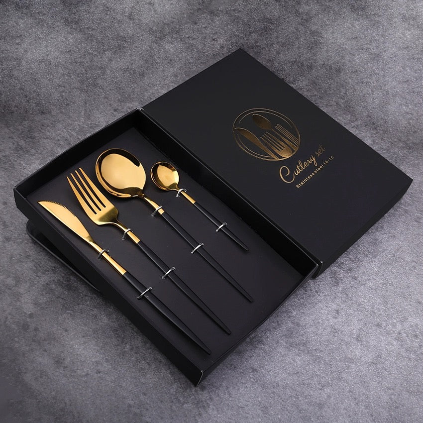 Premium Black-Gold Stainless Steel Flatware Set: Spoon, Fork, Knife, Dessert Spoon - Ideal Gift in Elegant Gift Box