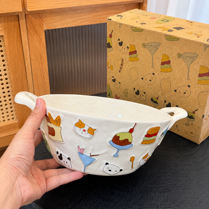 Embossed Doodle Cat Double-Handle Ceramic Soup Bowl – 1400ML