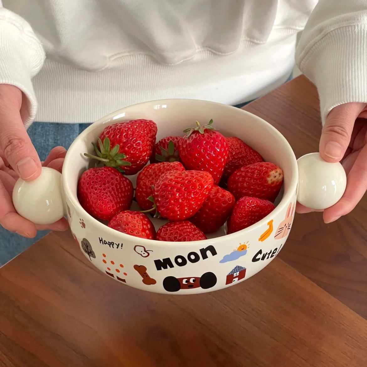 Moon Dog doodle round noodle bowl with cute ball handles and matching gift box