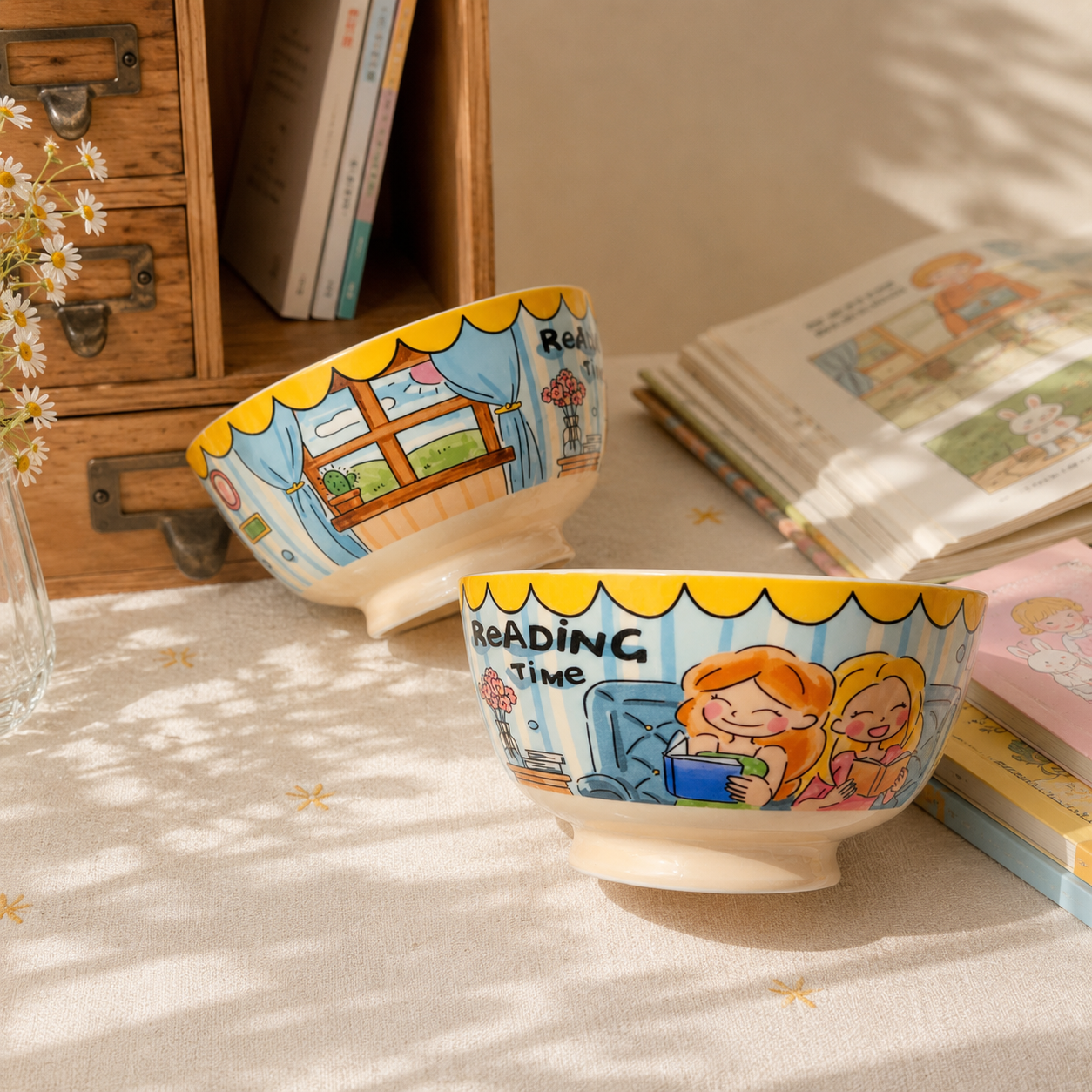 Cozy Reading Girls Cute Ceramic Bowl 600ML - Vintage Kawaii Illustrated - Wuli Home