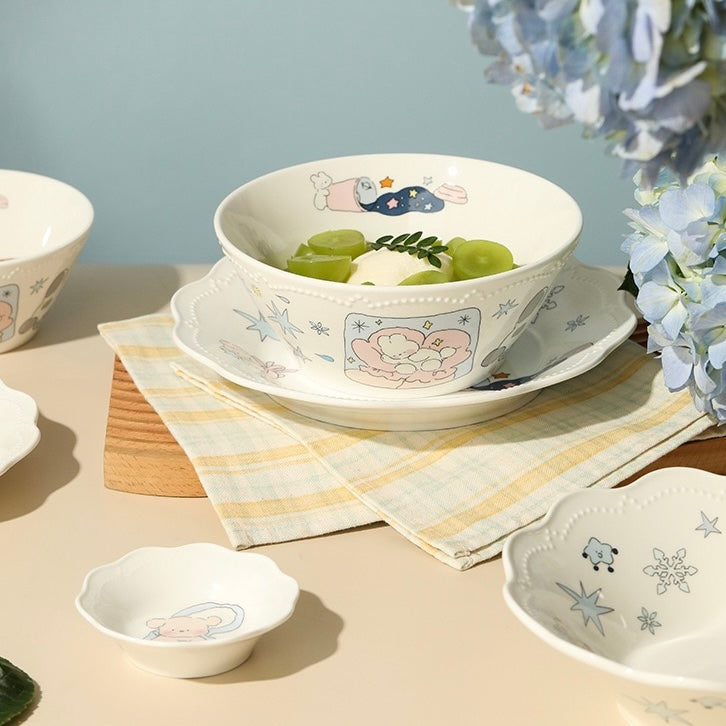 Snowflake Bunny Reinforced White Porcelain Dinnerware Set - Hand-Painted Design, Lightweight & Durable