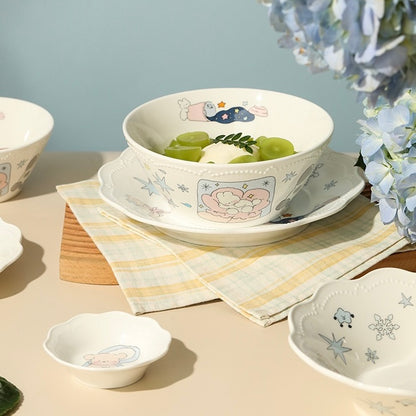 Snowflake Bunny Reinforced White Porcelain Dinnerware Set - Hand-Painted Design, Lightweight & Durable