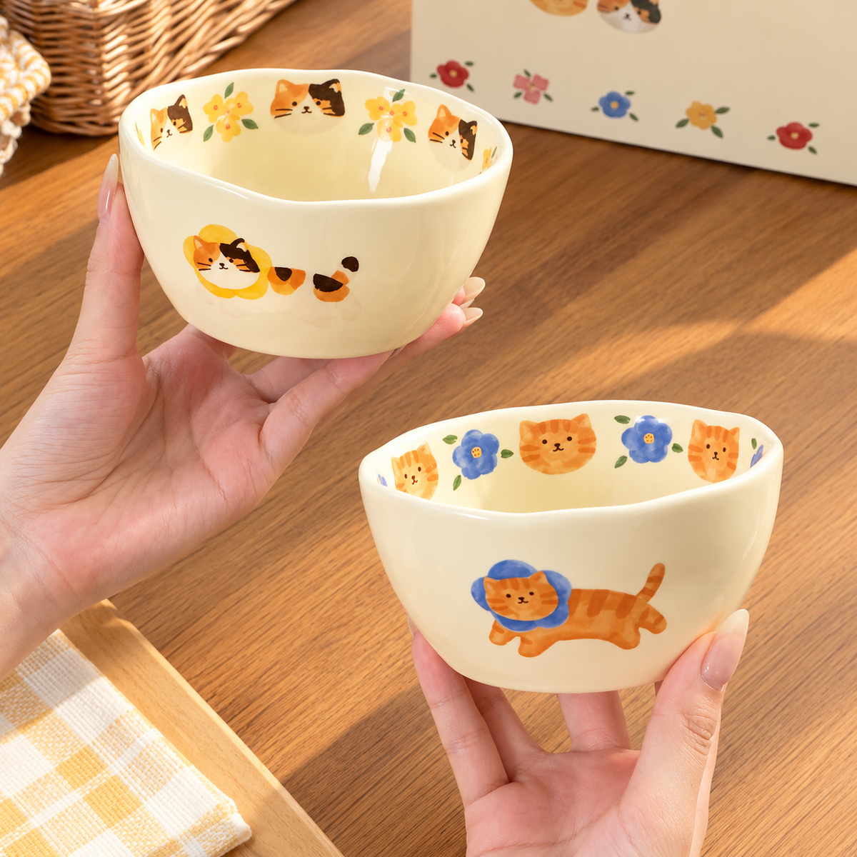 Cats & Flowers Ceramic Bowl Gift Set – Set of 4