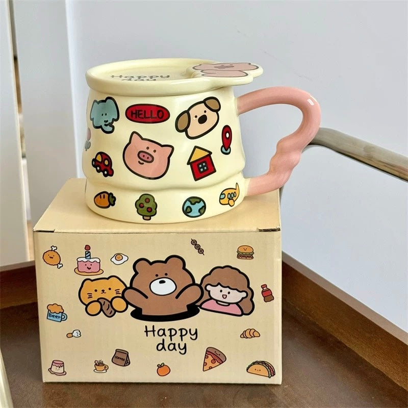 Doodle Animal Ceramic Mug with Lid – 400ML