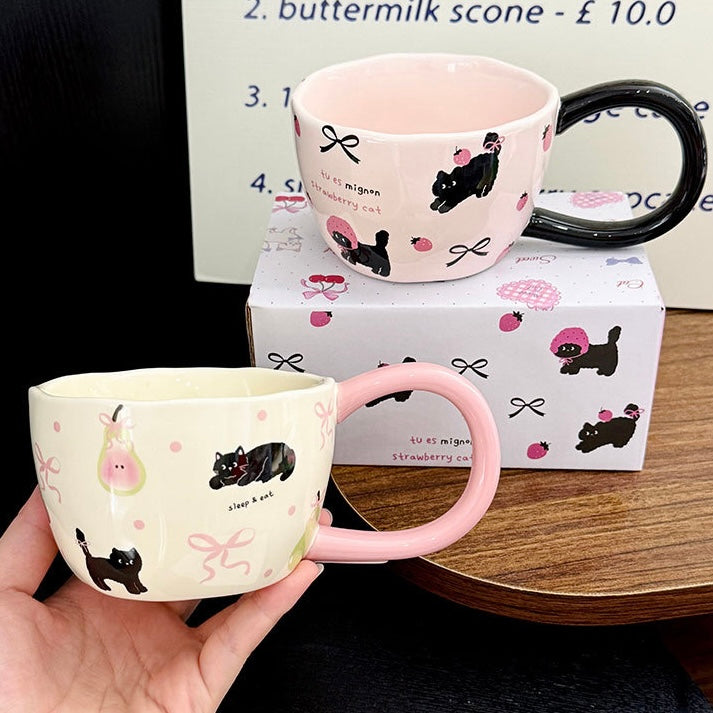 Cute Strawberry Cat Ceramic Mug with Large Handle, 300ML