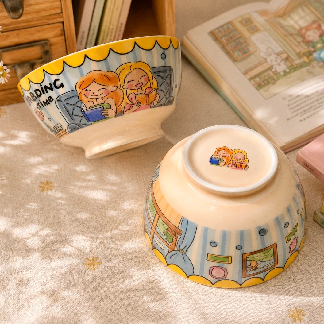 Cozy Reading Girls Cute Ceramic Bowl 600ML - Vintage Kawaii Illustrated - Wuli Home