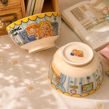 Cozy Reading Girls Cute Ceramic Bowl 600ML - Vintage Kawaii Illustrated - Wuli Home