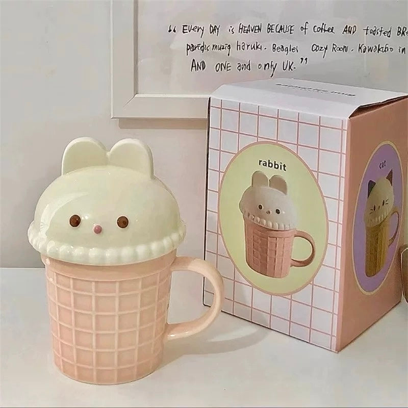 Bunny & Cat Ice Cream Cone Ceramic Mug with Lid, 260ML