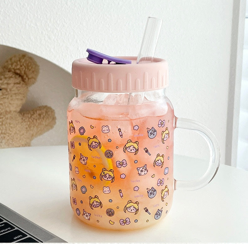 Cute Girl Glass Cup with Straw & Lid - 700ML