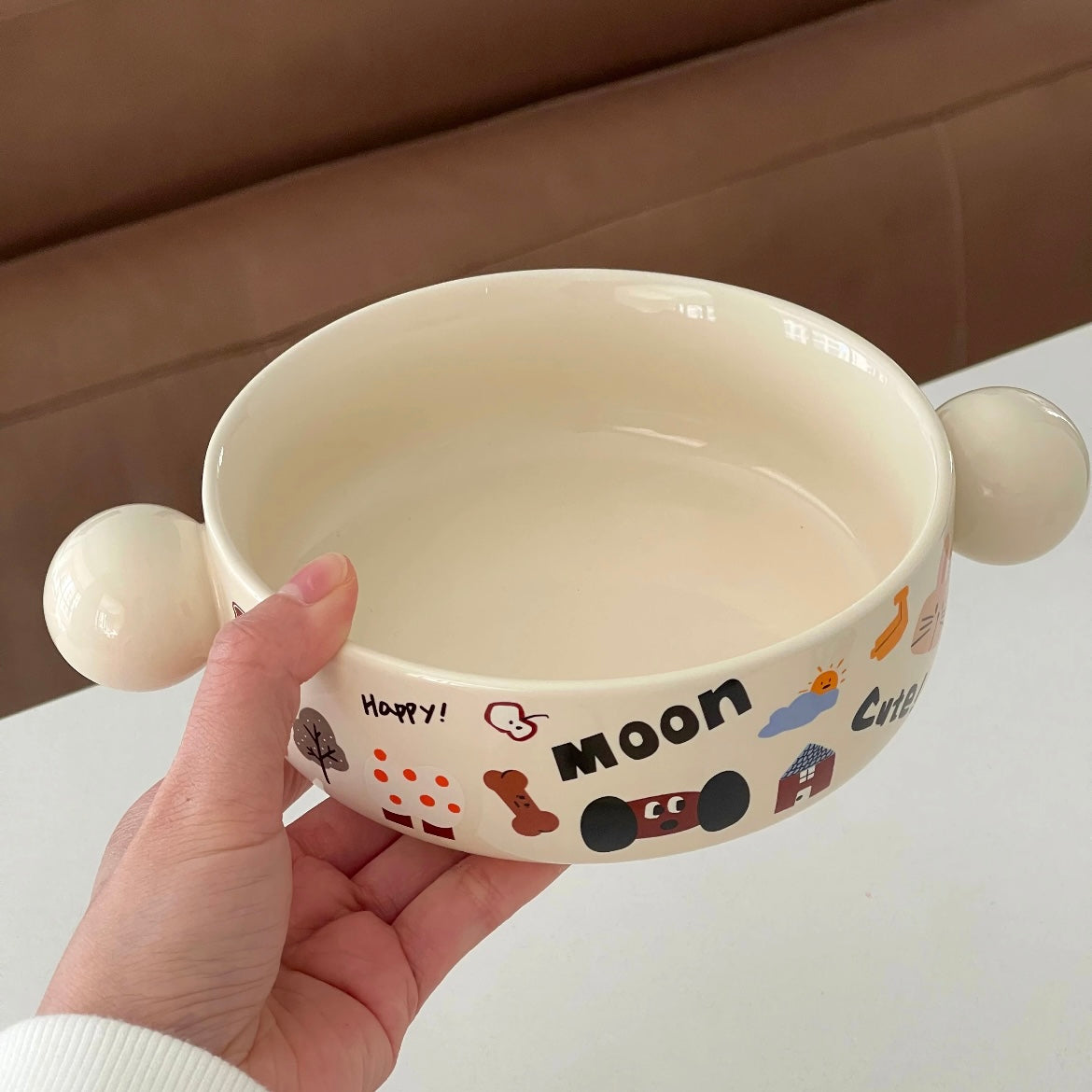 Moon Dog doodle round noodle bowl with cute ball handles and matching gift box