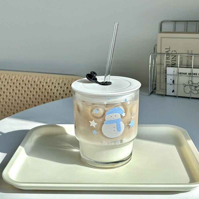 Cute Snowman Glass Cup with Straw – 350ML Capacity