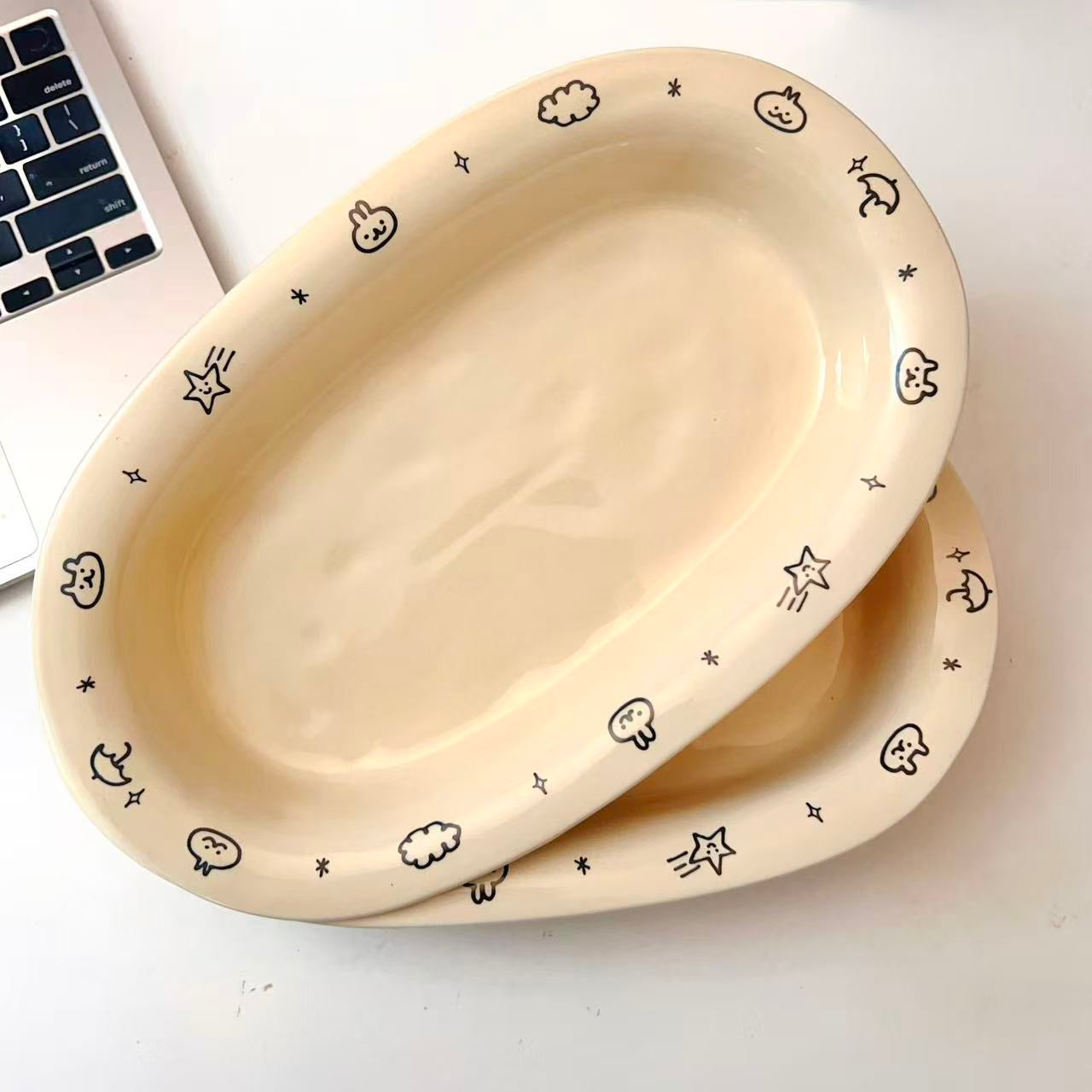 Cream Doodle Style Ceramic Oval Platter, 11-Inch